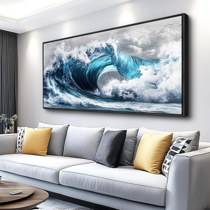 PHAOHUAXM Large Canvas Blue Wave Paintings Wall Art For Living Room Wall Decoration For Bedroom Ocean Wall Pictures Printing Office Decorations Posters Modern Home Decor Black Framed 30x60 In-Ruum Studio Home