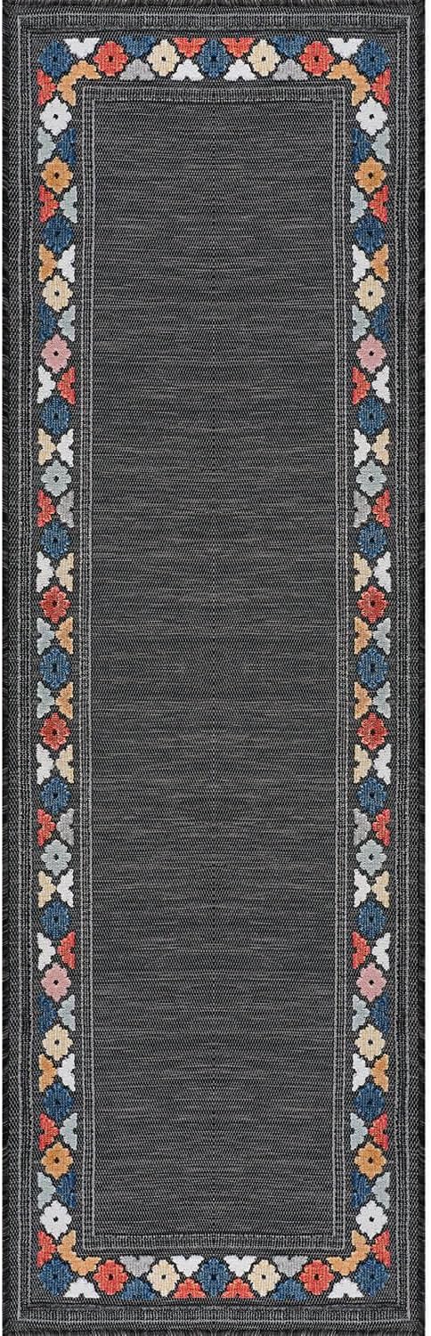 Beverly Rug Outdoor Runner Rug 2x7 Modern Floral Bordered Area Rugs for Indoor and Outdoor Patio Easy to Clean Non Shedding Living Room Porch Garden Washable Outside Carpet (2 x 7 Dark Gray)-Ruum Studio Home