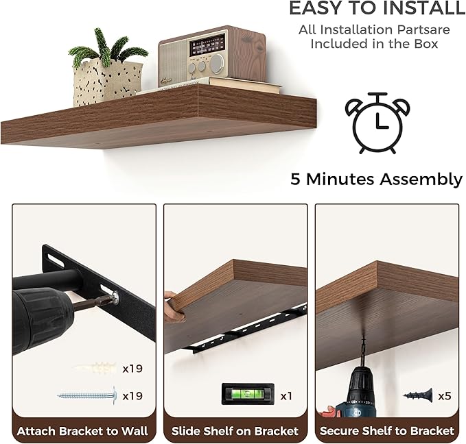 Floating Shelves - 2 Large Wall Mounted Shelves with Invisible Brackets, Long Walnut Wood Floating Wall Shelf for Living Room, Bedroom, Kitchen (36" W x 9" D x 1.5" H)-Ruum Studio Home