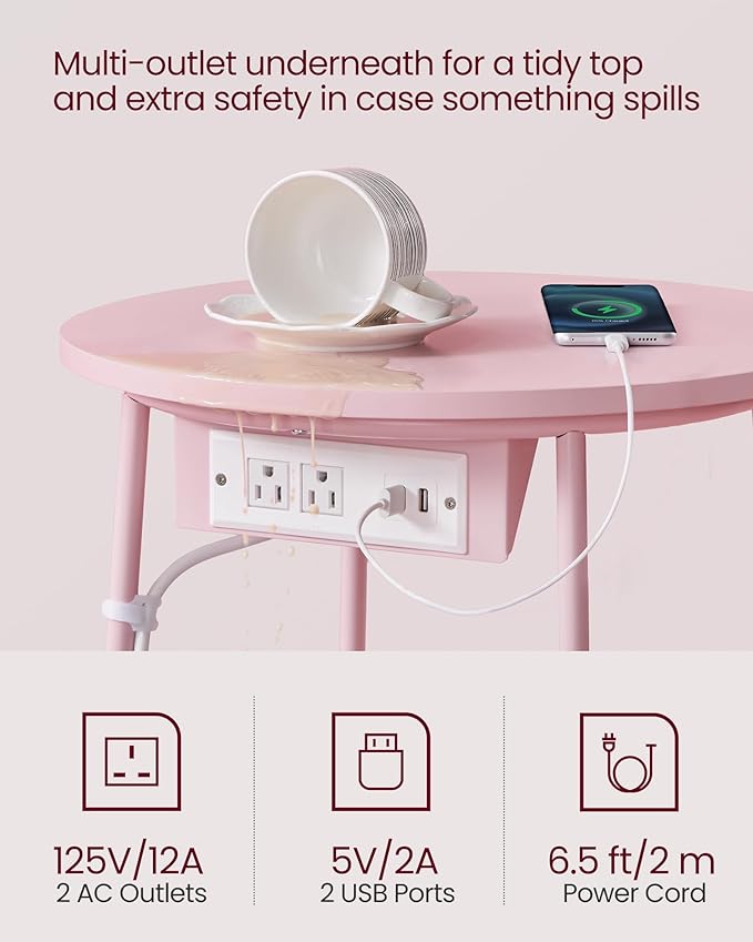 VASAGLE Side Table with Charging Station, Round End Table with Fabric Basket, Nightstand with Power Outlets, USB Ports, for Living Room, Bedroom, Modern, Jelly Pink and Cream White ULET228R01-Ruum Studio Home