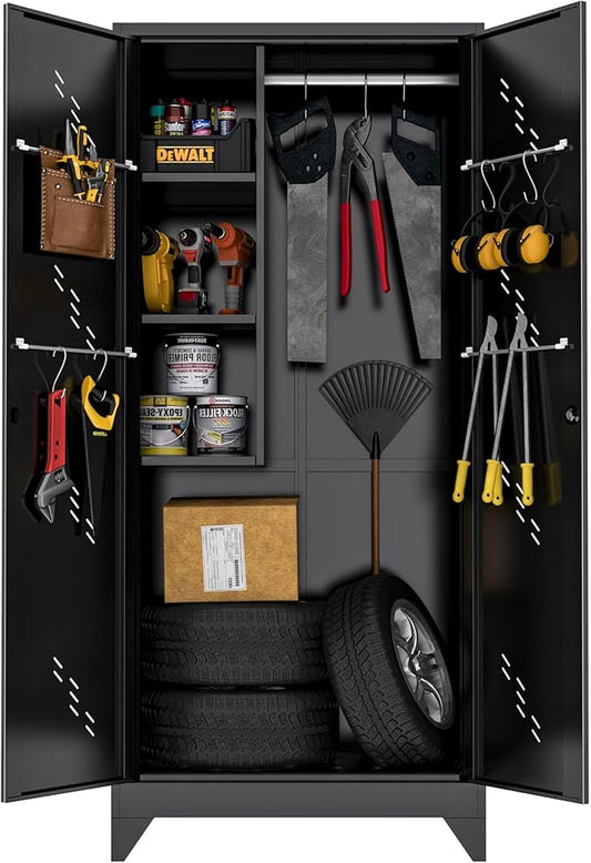 Metal Garage Storage Cabinet, 75” Cleaning Tool Cabinet with Hooks and Hanging Rods, Heavy Duty Garden Tool Organizer, Broom Cabinets for Home, Garage, Laundry Room, Gym, Workshop-Ruum Studio Home