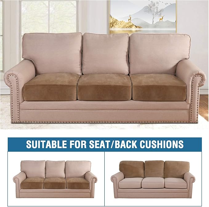 H.VERSAILTEX Velvet Stretch Couch Cushion Cover Plush Cushion Slipcover for Chair Loveseat Sofa Cushion Furniture Protector Seat Cushion Sofa Cover (3 Piece XL Sofa Cushion Covers, Camel)-Ruum Studio Home