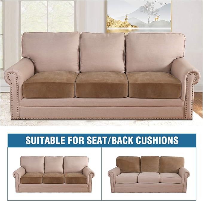 H.VERSAILTEX Velvet Stretch Couch Cushion Cover Plush Cushion Slipcover for Chair Loveseat Sofa Cushion Furniture Protector Seat Cushion Sofa Cover (3 Piece Sofa Cushion Covers, Camel)-Ruum Studio Home