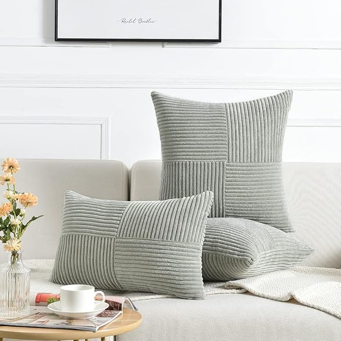 Fancy Homi 2 Packs Grey Decorative Throw Pillow Covers 18x18 Inch for Living Room Couch Bed Sofa, Rustic Farmhouse Boho Home Decor, Soft Corss Corduroy Patchwork Textured Square Cushion Case 45x45 cm-Ruum Studio Home