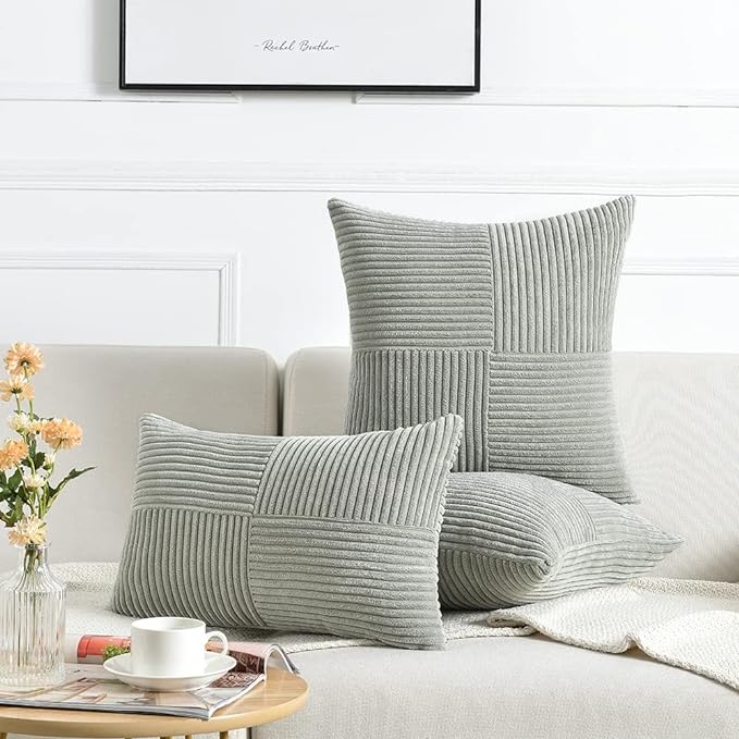 Fancy Homi 2 Packs Grey Lumbar Decorative Throw Pillow Covers 12x20 Inch for Living Room Couch Bed Sofa, Rustic Farmhouse Boho Home Decor, Soft Striped Corduroy Rectangle Accent Cushion Case 30x50 cm-Ruum Studio Home