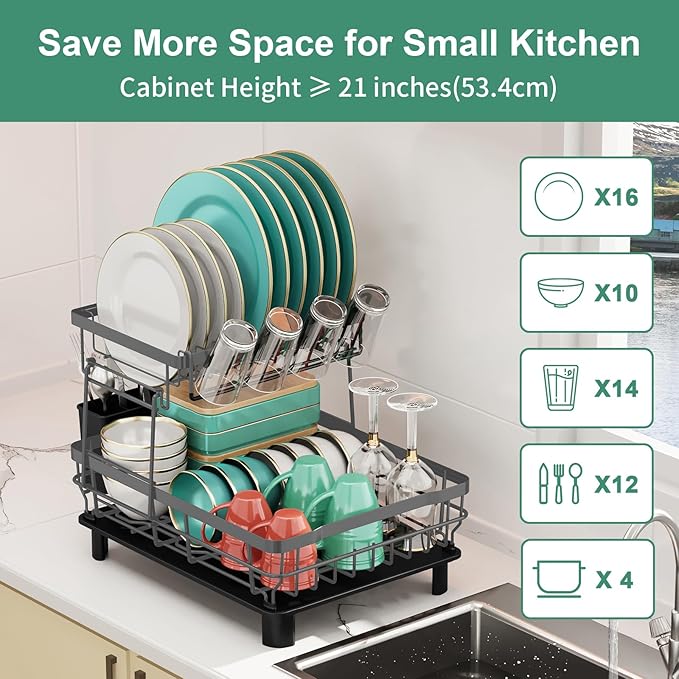 MOUKABAL Dish Drying Rack, 2 Tier Dish Rack, Large Dish Racks for Kitchen Counter, Dish Drainer with Removable Utensil Holder, Drainboard (Grey)-Ruum Studio Home