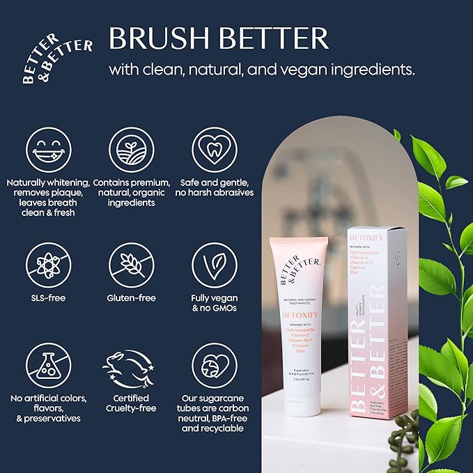 Better & Better Detoxify Hydroxyapatite Toothpaste | Whitening Toothpaste Infused w/Vitamins E & B12, Calcium & Zinc | Fluoride & SLS Free for Sensitive Brushers | Fresh Mint Flavor | 3.4oz, 3 Pack-Ruum Studio Home