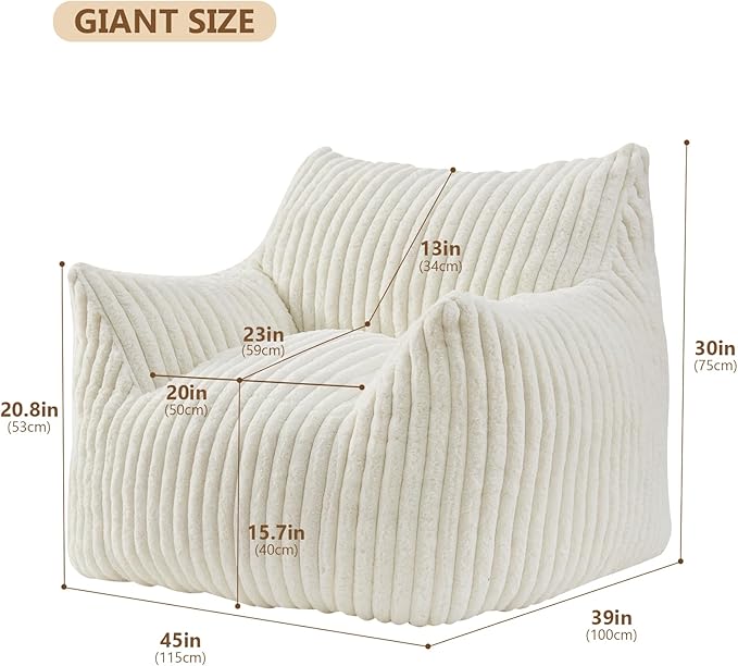 Giant Bean Bag Chairs for Adults Teens, Large Bean Bag Sofa Chairs with Filling Comfy Fuzzy BeanBag Chair with Armrests for Bedroom Living Room Reading-Ruum Studio Home