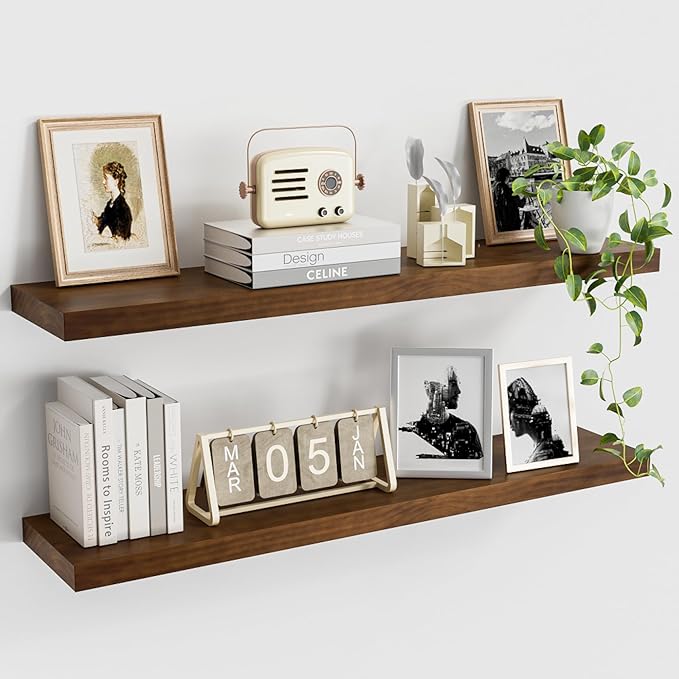 Wood Floating Shelves for Wall 36” x 8”x 1.4” Shelf Floating Rustic Farmhouse Decor, Heavy Duty Shelf Hold 80 lbs, Wall Shelves for Bathroom Living Room Kitchen Bedroom Office, 2 Packs Walnut-Ruum Studio Home