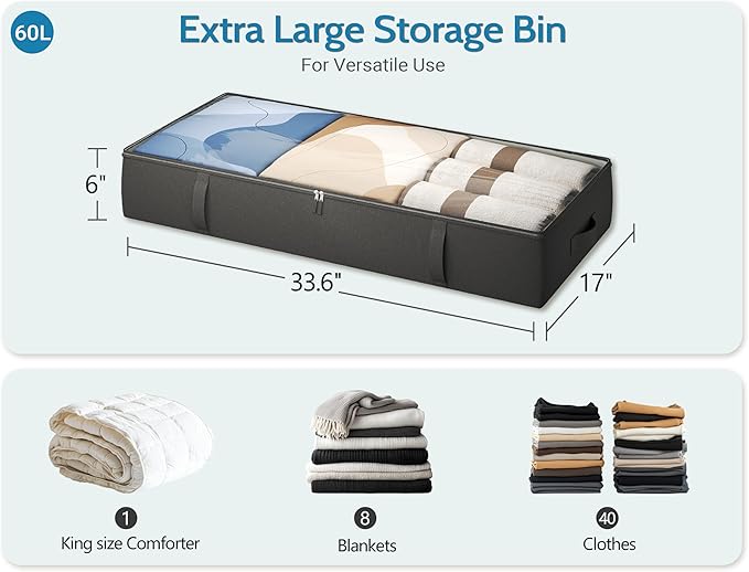 2-Pack Under Bed Storage, 6 Inches Tall Closet Organizers and Storage Bins with Sturdy Sidewalls/Bottom/4 Handles, Black-Ruum Studio Home