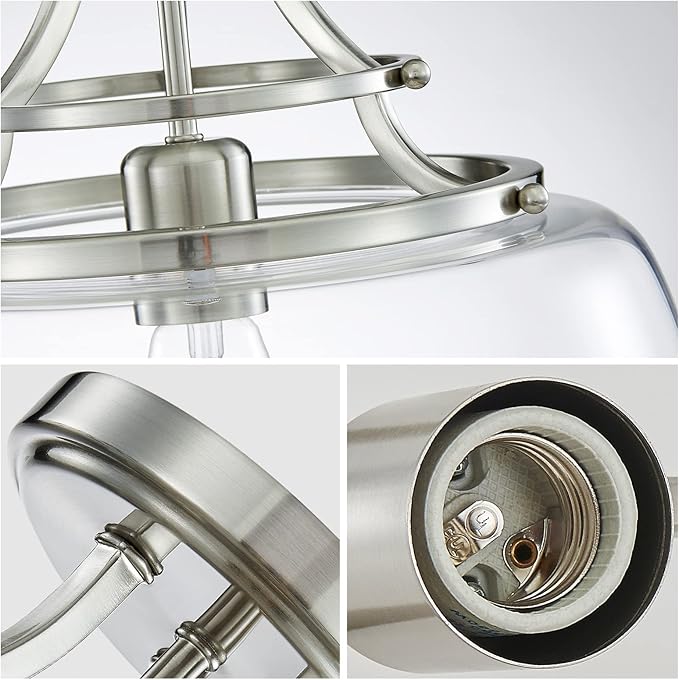 WUZUPS Chandelier Rustic Farmhouse Industrial Round Semi-flushmount Ceiling LED Light Fixture with Clear Glass Shades for Bathroom Kitchen Foyer Entryway, H 11.8" x W 13.4", E26 Base, Brushed Nickel-Ruum Studio Home