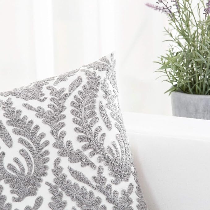 HWY 50 Grey Gray Decorative Throw Pillow Covers 18x18 Inch (1 Piece), Embroidered Cotton Farmhouse Cushion Cover Pillow Case for Sofa Couch Living Room Bed Bedroon, Floral Branches-Ruum Studio Home