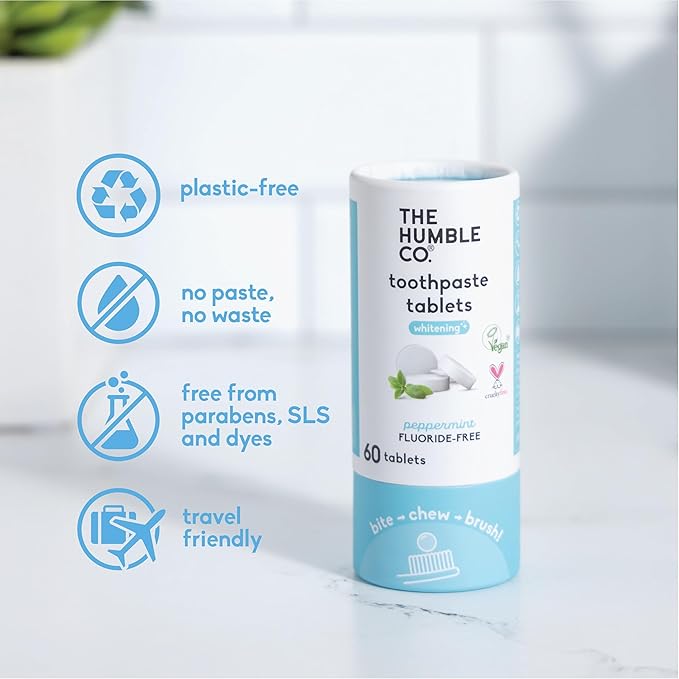 The Humble Co. Whitening Toothpaste Tablets – Fluoride Free Toothpaste Whitening Tablets, Dentist Developed Formula, Vegan, SLS Free, Plastic Free (Peppermint, 2 PK)-Ruum Studio Home