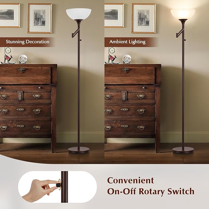 Floor Lamps for Living Room Bronze, 71" Tall Standing Lamp with Glass Shade, Vintage Floor Lamp with 350°Adjustable Swing Arm Lamp, Pole lamp for Bedroom, Living Room, Office, Bulbs Included-Ruum Studio Home