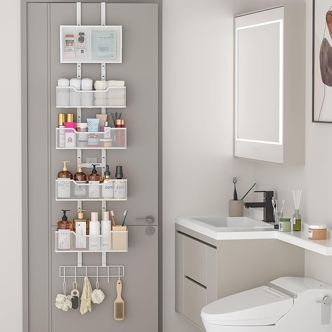 Adjustable Over The Door Organizer, Hanging Door Storage with PVC Pocket and 4 Metal Baskets Wall Mount, Closet Door Organizer Behind Door Rack for Bathroom Bedroom Closet, White-Ruum Studio Home