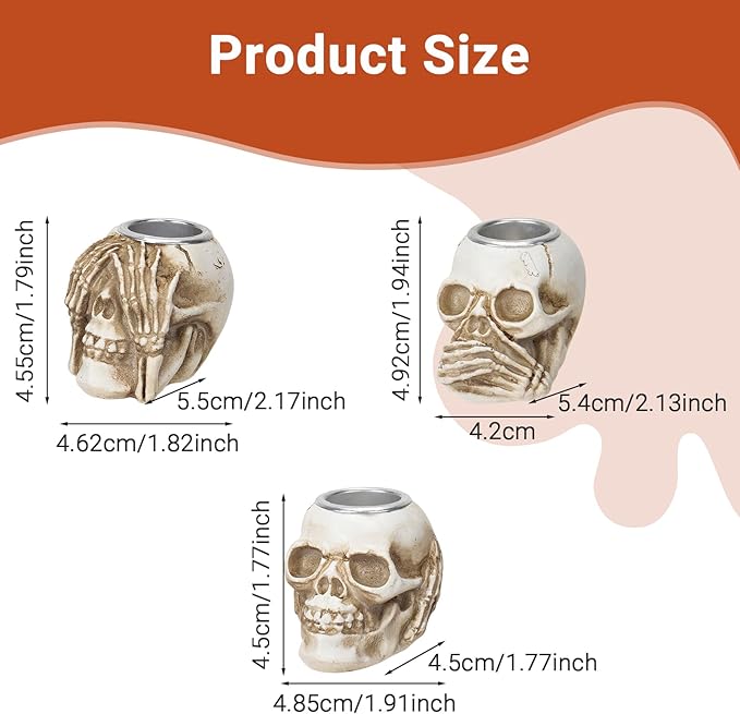Halloween Skull Candle Holder, Skeleton Head Candlestick Holders Table Decor Centerpiece Candlesticks, Resin Horrible Spooky Creepy Crafts for Flameless Candle Halloween Christmas Home Party, Set of 3-Ruum Studio Home
