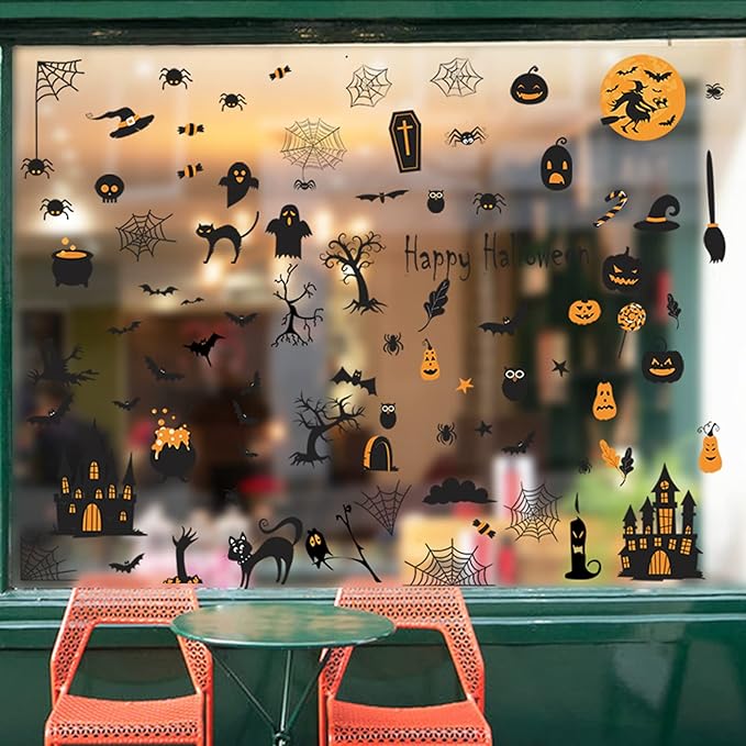84 PCS Window Clings - Halloween Wall Stickers for Living Room, Pumpkins, Castles, Bats, Cats, Vampire, Witch Stickers, Household Decorative Murals, Party Supplies-Ruum Studio Home