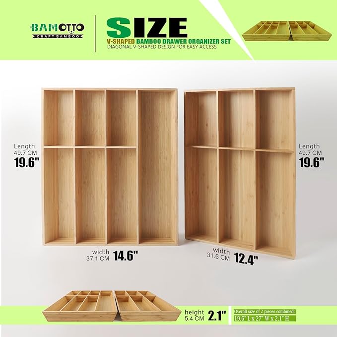 V-Shaped Extra Large Bamboo Drawer Organizer Set of 2, Kitchen Cutlery Tray Utensil Plate, Flatware&Silverware Storage Box, Wood Organizer for Bedroom, Living Room (19.6"x14.6" & 19.6"x12.4")-Ruum Studio Home