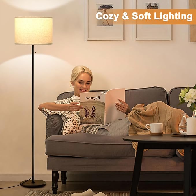 Ambimall Modern Standing Floor Lamp for Living Room & Bedroom with 3 Color Temperatures Bulb & Pull Chain Switch, 60" Tall with Beige Shade & Black Pole-Ruum Studio Home