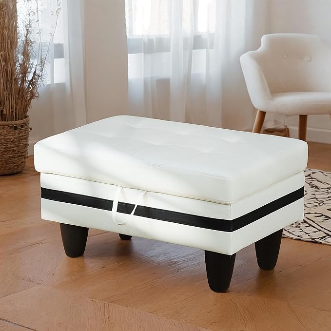 Ottoman Rectangular Storage Ottoman Bench, Faux Leather Footrest, Coffee Table, Stool Footstool with Hinged Lid for Living Room, Bedroom, Entryway, White with Black Strip, 35"x23.5"x17.5"-Ruum Studio Home