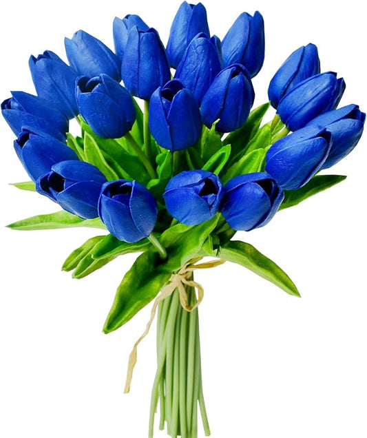 Mandy's Artificial Tulips 20 Stems Royal Blue PU Faux Flowers for Wedding Home Decor 13.5 Inch-Ruum Studio Home