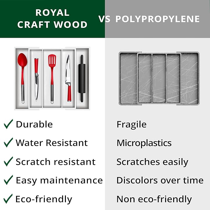 ROYAL CRAFT WOOD Luxury Bamboo Kitchen Drawer Organizer - Silverware Organizer - Utensil Holder and Cutlery Tray with Grooved Drawer Dividers for Flatware and Kitchen Utensils (5 Slot, White)-Ruum Studio Home
