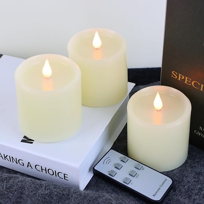 Flameless Candles Battery Operated with Remote Timer, 3D Moving Flame Flickering, Last 600+ Hours Battery Candles, Set of 3 Ivory Real Wax Electric LED Candle, 3" x 3"-Ruum Studio Home