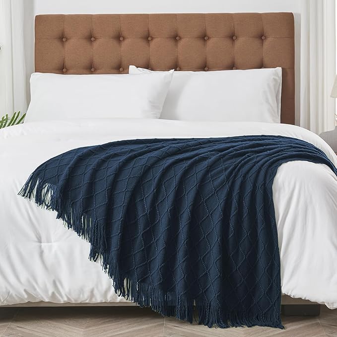inhand Knitted Throw Blankets for Couch and Bed, Soft Cozy Knit Blanket with Tassel, Dark Blue Lightweight Decorative Blankets and Throws, Farmhouse Warm Woven Blanket for Men and Women, 50"x60"-Ruum Studio Home