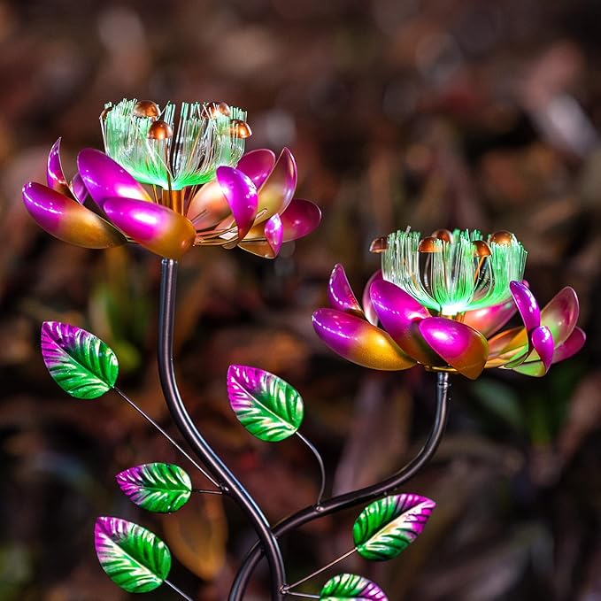 Solar Wind Spinners Pink Twin Flowers for Yard and Garden, Solar Windmill Garden Whirligig Kinetic Spinners Decor for Lawn, Patio, Yard, Metal Wind Outdoor Sculpture-Ruum Studio Home