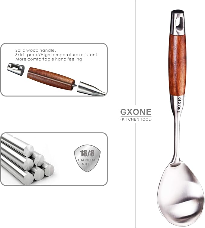 Large Serving Spoons,304 Stainless Steel Cooking Spoon with Heat Resistant Wooden Handle,Silver/12.4Inch-Ruum Studio Home