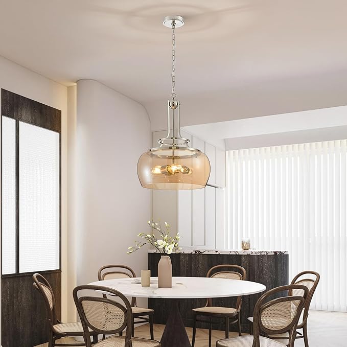 WUZUPS Nickel Chandelier Rustic Farmhouse Industrial Round Ceiling Pendant LED Light Fixture with Amber Glass Shade for Dining Room Kitchen Island Foyer Entryway, H 20.9" W 15.9", E26 Base-Ruum Studio Home
