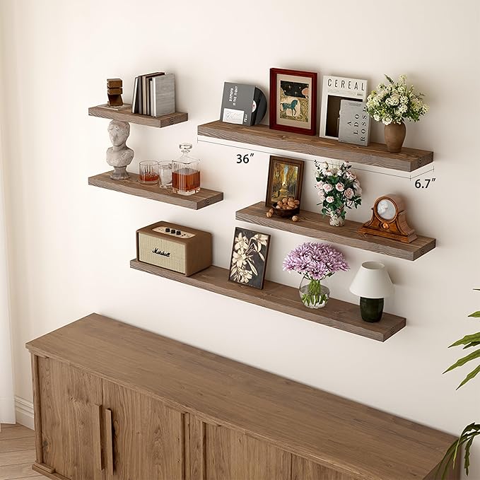 BGMG 36 inch Walnut Floating Shelves for Wall Set of 2, Solid Real Wood Rustic Mount Shelves for Living Room Bedroom Kitchen Farmhouse with Sturdy Hidden Bracket-36x 6.7 x1.25 inch-Ruum Studio Home