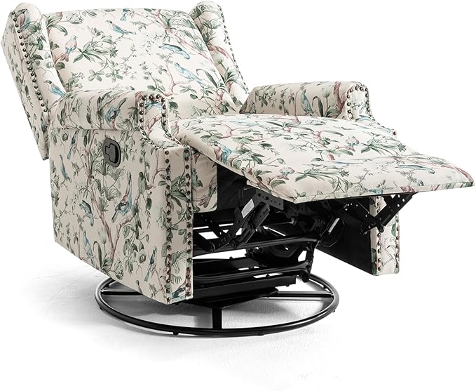 UIXE Swivel Rocker Manual Recliner Chair, Wingback Swivel Glider Fabric Nursery Reclining Sofa Chair, High Back Upholstered Arm Chair for Living Room Bedroom - Bird Pattern-Ruum Studio Home