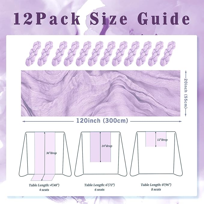 12 Pack Lilac Cheesecloth Table Runner 10FT Rustic Gauze Cheese Cloth Table Runner for Wedding 20 x 120 Inch Long Bridal Baby Shower Table Decor Boho Fabric Sheer Birthday Party Table Decorations-Ruum Studio Home