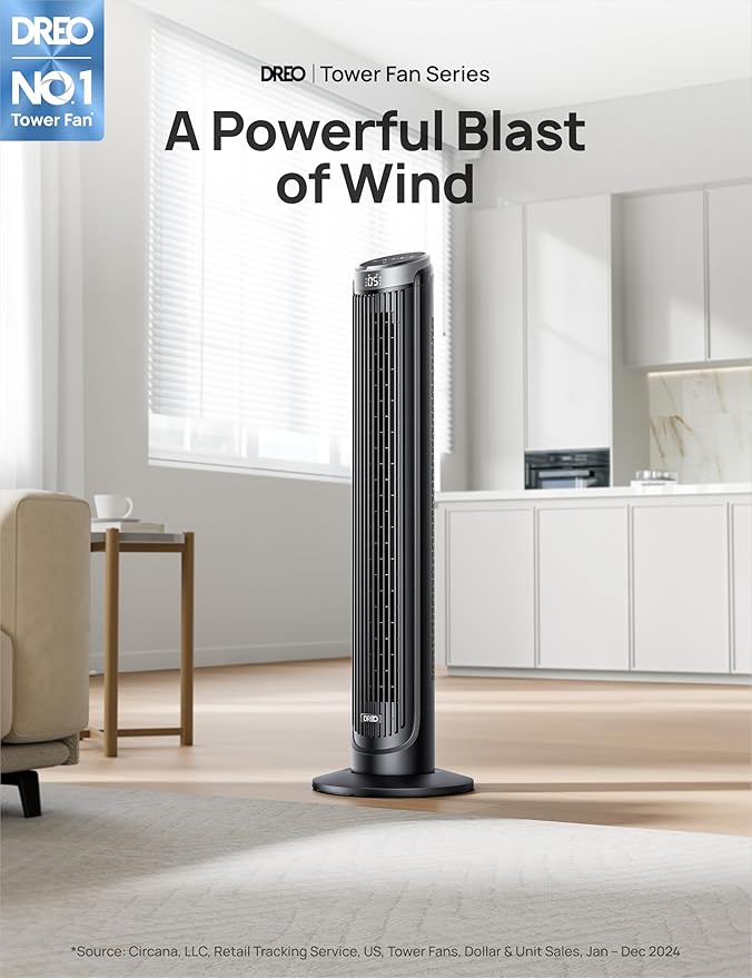 Dreo Tower Fan for Bedroom, 90° Oscillating Fans that Blow Cold Air, 5 Speeds, 4 Modes with 26ft/s Velocity, 12H & 28dB Quiet Timer, Remote, Touch, 40" Standing Floor Fan for Home Office, Black-Ruum Studio Home