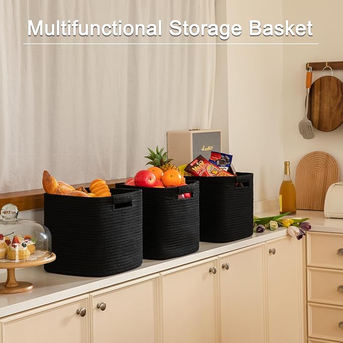OIAHOMY Storage Cubes 11 Inch Storage Bins-3-Pack, Cotton Rope Woven Baskets for Organizing, Square Storage Baskets for Shelves Organizer, Classroom, Kids Toy Bins, Closet, Baby Nursery-Black-Ruum Studio Home