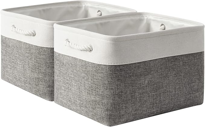 Storage Basket for Shelves - 17X15X12 inch 2 Pack Fabric Cube Storage Bin Collapsible Baskets for Organizing with Rope, Storage Box for Cloth Decorative (White & Grey)-Ruum Studio Home