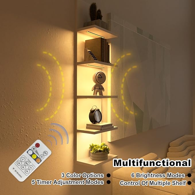 5 Tier Wall Shelf with Light, White Modern Vertical Lack Wall Shelves, Wall Mount, Floating Column Home Decor Shelves for Bedroom, Living Room, Vanity Storage Display-Ruum Studio Home