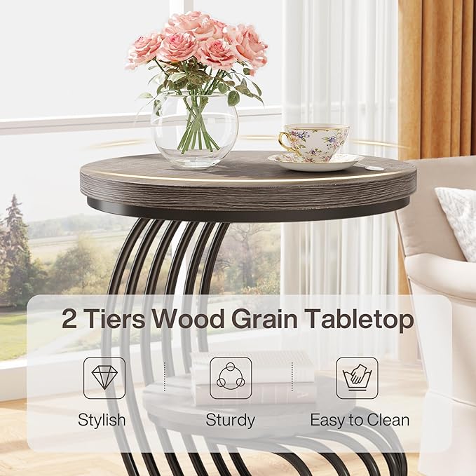 Tribesigns Round End Table: 2 Tiers Wood Side Table with Storage Shelf, Rustic Gray Bedside Nightstand, Metal Arc-Shaped Frame Accent Table for Living Room, Bedroom-Ruum Studio Home