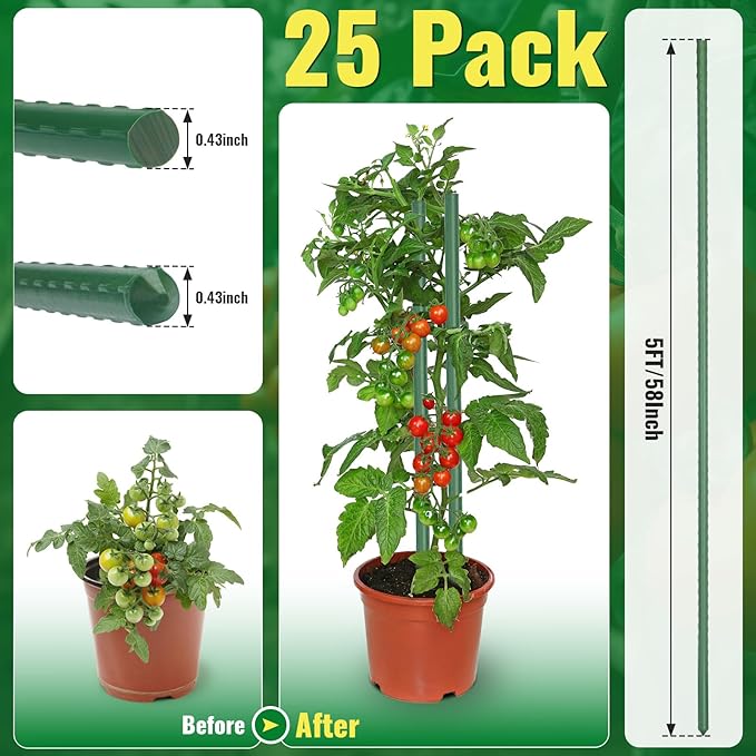 Premium Garden Stakes 58 Inch 5ft 25 Pack, Heavy Duty Tomato Plant Stakes for Outdoor Plants, Rust Resistant Metal Garden Poles and Sticks for Vegetables, Flowers, and Climbing Plants (green, 58 Inch)-Ruum Studio Home