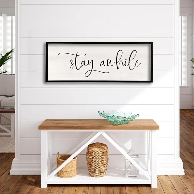 Stay AWhile Sign Wall Decor Sign 40"X15" Large Living Room Entryway Wood Framed Rustic Wall Decor for Vintage Farmhouse Foyer Hanging Lets Stay Home Wall Art (Black)-Ruum Studio Home