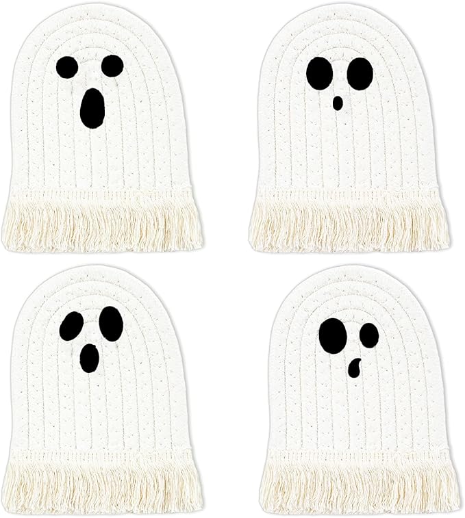 Whaline Halloween Ghost Cotton Coasters Cute White Ghost Shape Handmade Braided Drink Coasters Absorbent Cup Mats for Trick or Treat Party Home Table Decor, Set of 4-Ruum Studio Home