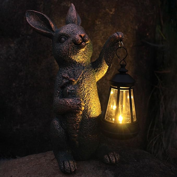 Solar Garden Statues -Rabbit Lantern Outdoor Handmade Resin Statue with LED Light, Cute Carrot Holder for Patio, Yard, Gift Ideas (rabbit2)-Ruum Studio Home