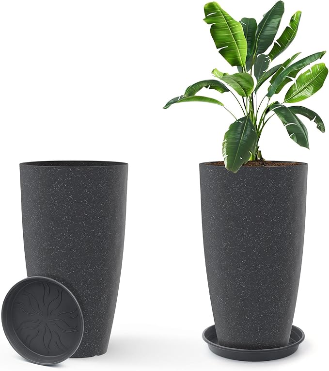 GameXcel Tall Flower Pot Indoor - Outdoor Plant Pot - Black Glossy Planter - Elegant Stone Imitation - 12" Diameter 21" Tall with Drainage Holes and Saucer 2Pack-Ruum Studio Home