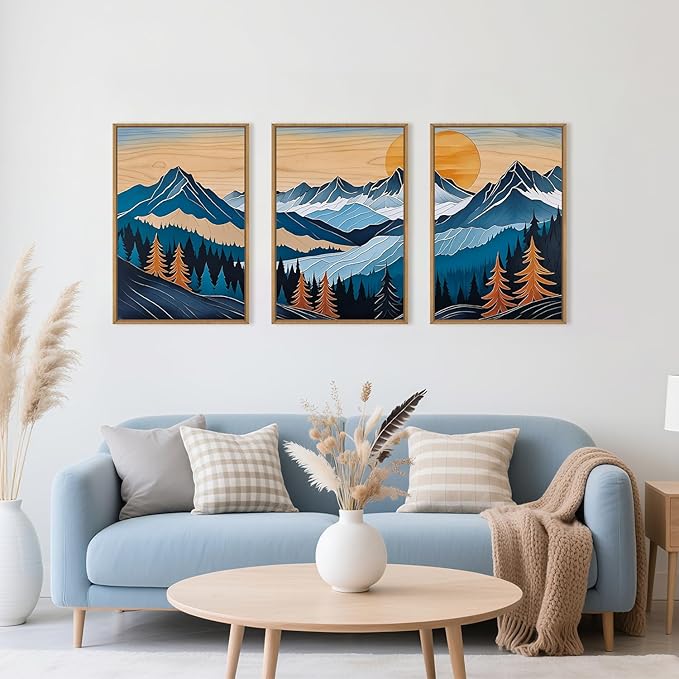 Celestdeco Blue Woodcut Mountain Framed Canvas Wall Art Set, Boho Abstract Ridge Wall Decor, Pine Tree Landscape Wall Painting, Sunrise Forest Art Print for Living Room, Bedroom, Office - 24"X36"X3-Ruum Studio Home