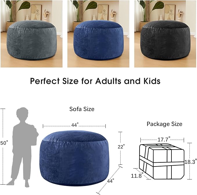Bean Bag Chairs for Adults - Memory Foam Furniture BeanBag Chair - Kids/Teens Sofa with Soft Micro Fiber Cover - Round Fluffy Couch for Living Room Bedroom College Dorm - 4 ft, Navy-Ruum Studio Home