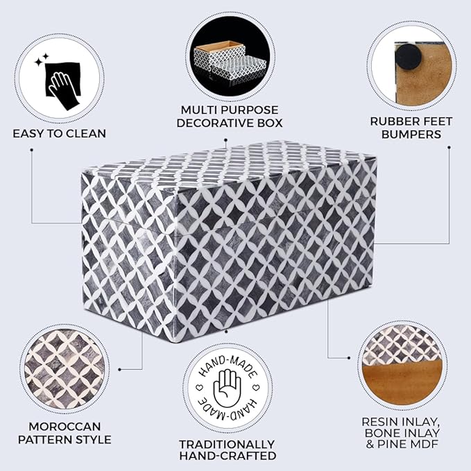 Handicrafts Home White Handmade Keepsake Organizer with Lid Decorative Storage Box- Star Pattern Collection Memories Holder for Jewelry, Photos & Cards- Home Decor Accents- Bone & Resin Inlay- 10x5x5-Ruum Studio Home