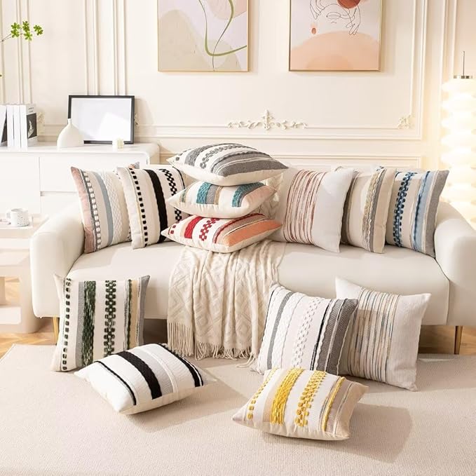 Boho Throw Pillow Covers 18x18 Set of 2 Farmhouse Decorative Cushion Case Striped Square Pillows Cover Chenille Pillow Cases Accent Neutral Pillowcase for Sofa Couch Bed,Sky Blue-Ruum Studio Home