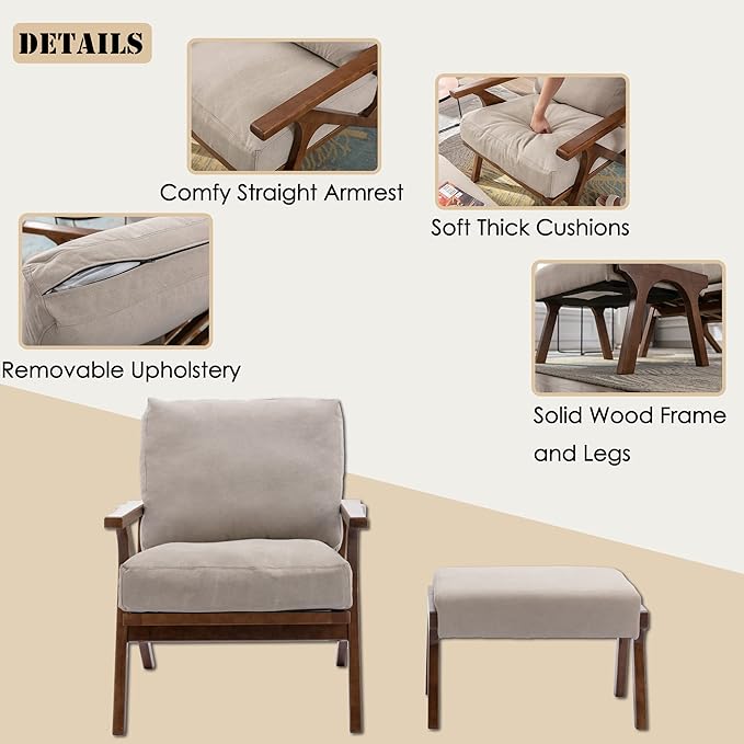 chairus Mid-Century Modern Accent Chair with Ottoman, Linen Fabric Armchair with Wood Legs Comfy Upholstered Single Sofa Chair for Living Room/Bedroom/Lounge, Beige-Ruum Studio Home