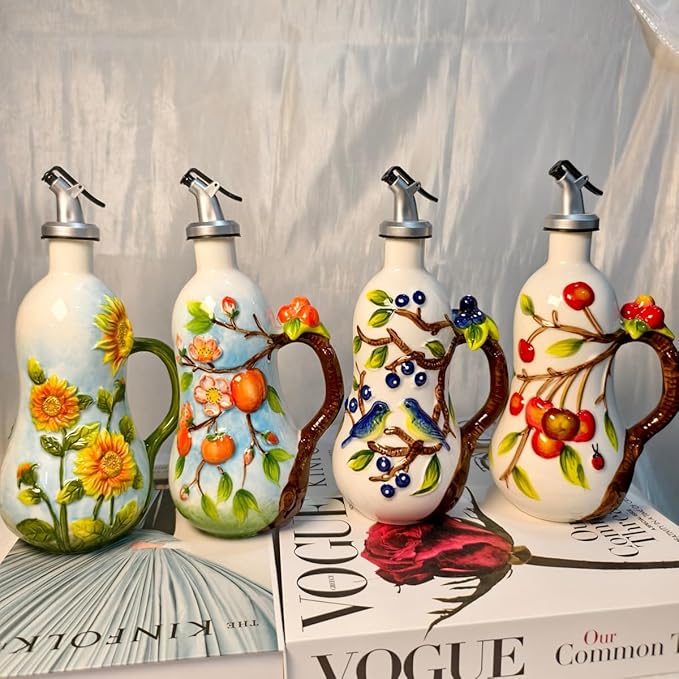 18 Oz Hand Painted Relief Ceramic Olive Oil Bottle Dispenser for Kitchen, Oil and Vinegar Bottle, Seasoning Bottle with Stainless Steel Nozzle, 540mL Oil Container with Handle for Cooking, Light Proof-Ruum Studio Home